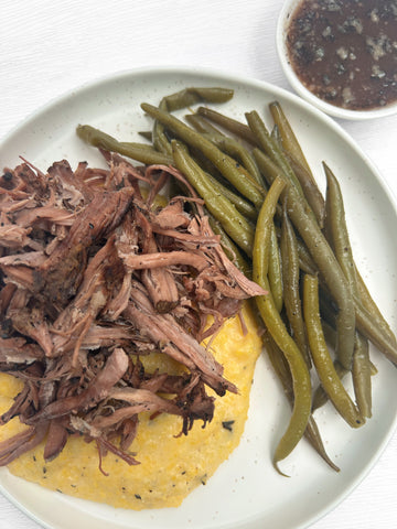 Wednesday (7/23): Rosemary Beef Roast with Rosemary Au Jus over Cheesy Polenta and Steamed Fresh Green Beans (Gluten-Free)