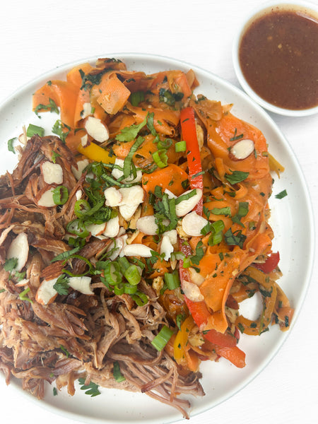 Korean Pulled Pork over Sweet Potato Pad Thai with a Ginger-Almond Dressing (Gluten-Free, Dairy-Free)
