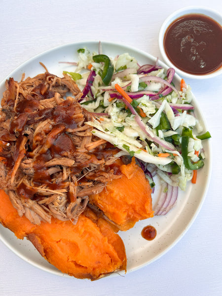 Wednesday (6/17): BBQ Pork Stuffed Sweet Potatoes with Jalapeno-Lime Coleslaw and Homemade BBQ Sauce (Gluten-Free, Dairy-Free)