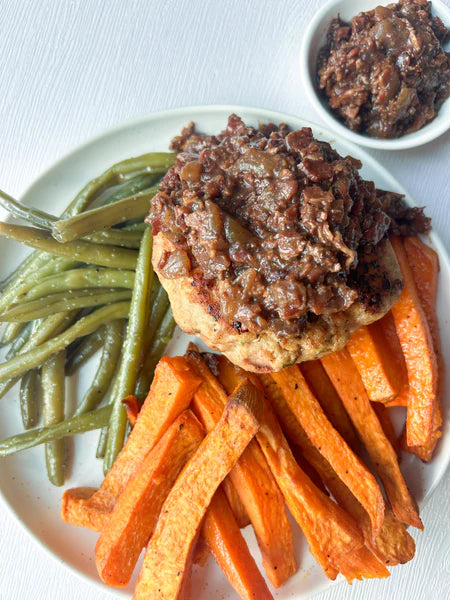 Seared Turkey Burgers with Bacon Jam, Sweet Potato Fries, and Steamed Fresh Green Beans (Gluten-Free, Dairy-Free)
