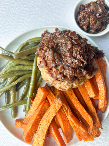 Wednesday (5/29): Seared Turkey Burgers with Bacon Jam, Sweet Potato Fries, and Steamed Fresh Green Beans (Gluten-Free, Dairy-Free)