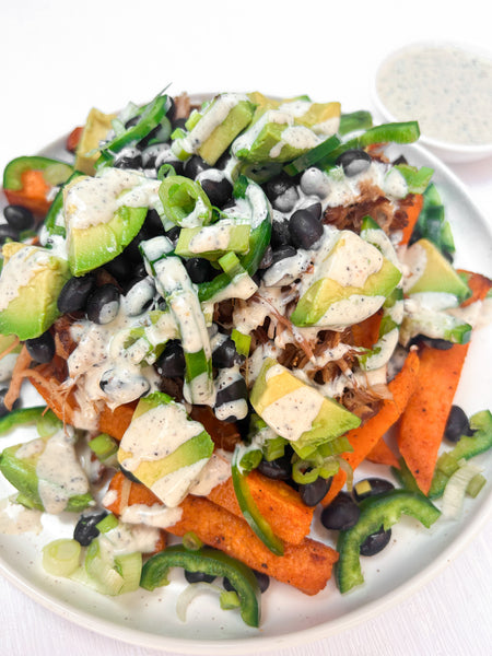 Pulled BBQ Pork Sweet Potato Nacho Wedges with Black Beans, Green Onions, Fresh Jalapenos, Avocado + Alabama White BBQ Sauce (Gluten-Free, Dairy-Free)