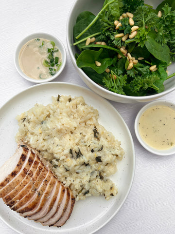 Monday (3/31): Grilled Chicken Breast with Lemon-Basil Vinaigrette, Lemon Pecorino Risotto, and a Spinach-Parsley Salad with Pine Nuts & a Tahini Dressing (Gluten-Free)