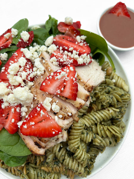 Strawberry-Spinach Salad with Grilled Chicken & Strawberry-Balsamic Vinaigrette + Basil Pesto Spiral Pasta