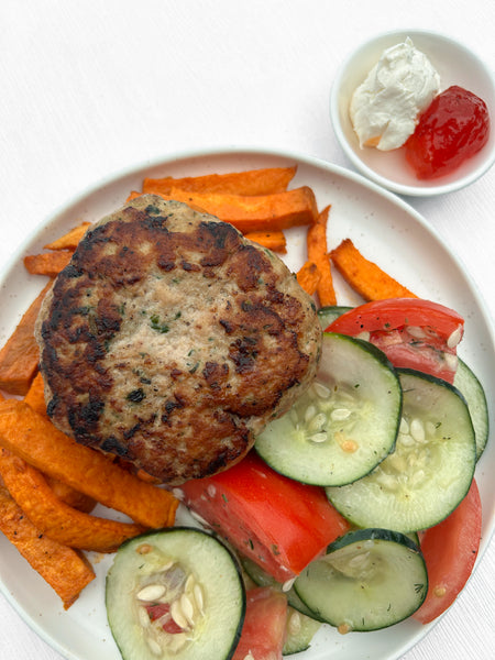 Turkey Burgers with Cream Cheese & Pepper Jelly, Sweet Potato Fries, and a Tomato-Cucumber Salad with Fresh Dill & a Lemon Vinaigrette (Gluten-Free)