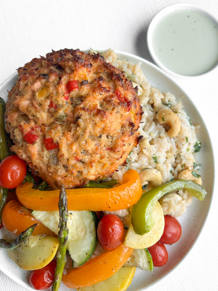 Thursday (6/11): Salmon Cakes with Key Lime Mustard, Pineapple-Coconut Cashew Jasmine Rice, and Rainbow Roasted Vegetables (Gluten-Free, Dairy-Free)