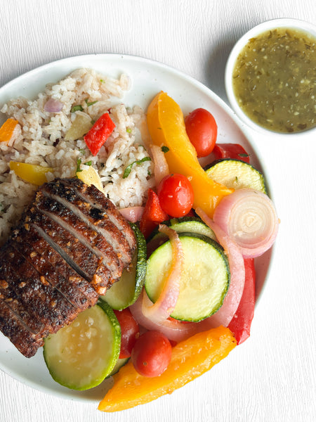 Tuesday (6/23): Island-Glazed Pork Tenderloin, Sweet & Spicy Pineapple Dipping Sauce, Caribbean Confetti Jasmine Rice, and Summer Roasted Vegetables (Gluten-Free, Dairy-Free)