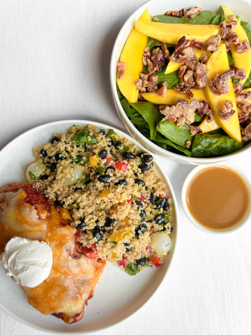 Cheesy Salsa Chicken, Santa Fe Quinoa, and Spinach Salad with Sweet Mango & Candied Pecans + Orange Vinaigrette (Gluten-Free)