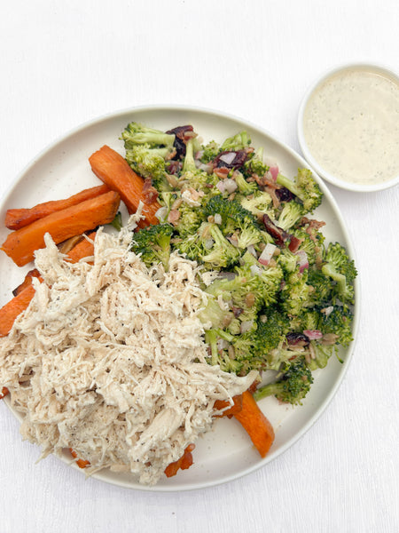 Pulled Chicken over Sweet Potato Fries with Alabama White BBQ Sauce and our Famous Broccoli Salad (Gluten-Free, Dairy-Free)