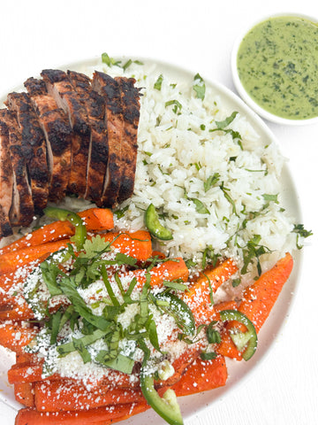 Mexican Adobo Rubbed Pork Tenderloin, Cilantro-Lime Jasmine Rice, and Mexican Street-Style Roasted Carrot Sticks + Cilantro-Jalapeno Sauce (Gluten-Free)