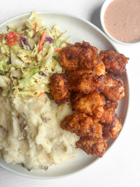 Nashville Hot Chicken with Comeback Sauce, Creamy Garlic Mashed Potatoes and Tennessee Mustard Coleslaw (Gluten-Free)