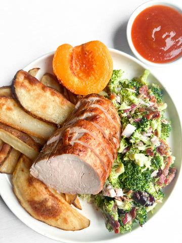 Grilled Pork Tenderloin with BBQ Peach Sauce & Honey-Roasted Peaches, Bacon-Broccoli Salad, and White Potato Wedges (Gluten-Free, Dairy-Free)
