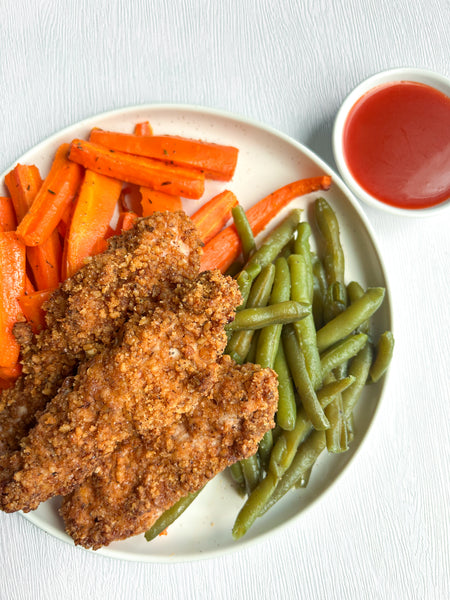 Walnut-Crusted Chicken Tenders with Polynesian Sauce, Baked Carrot Fries, and Steamed Green Beans (Gluten-Free, Dairy-Free)