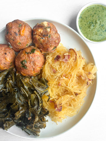 Jalapeño-Popper Turkey Meatballs over Bacon-Specked Spaghetti Squash with Southern Collard Greens + Cilantro-Jalapeno Sauce (Gluten-Free)