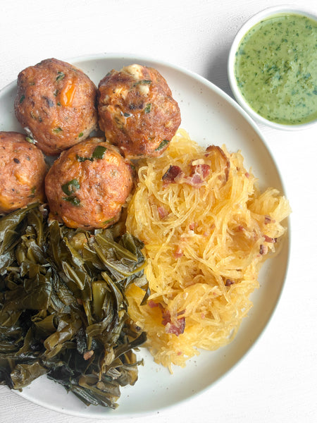 Tuesday (7/14): Jalapeño-Popper Turkey Meatballs over Bacon-Specked Spaghetti Squash with Southern Collard Greens + Cilantro-Jalapeno Sauce (Gluten-Free)