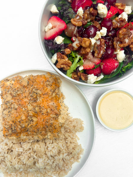 Poppyseed Chicken Casserole, Brown Rice, and a Strawberry-Feta & Candied Walnut Salad with Lemon-Dijon Vinaigrette