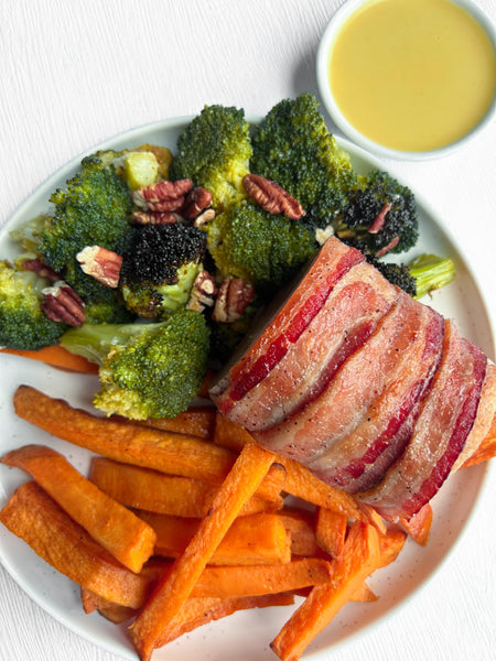 Bacon-Wrapped Pork Tenderloin with Sweet Potato Fries and Roasted Pecan Broccoli + Honey Mustard (Gluten-Free, Dairy-Free)