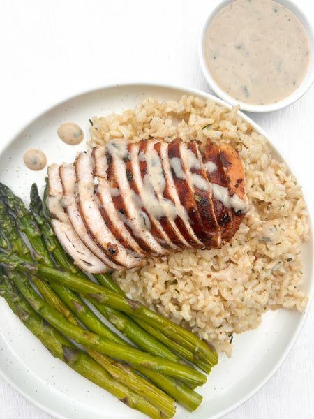 Maple-Rosemary Grilled Chicken with Rosemary Ranch Sauce, Lemon Brown Rice with Garlic & Fresh Thyme, and Roasted Asparagus (Gluten-Free, Dairy-Free)