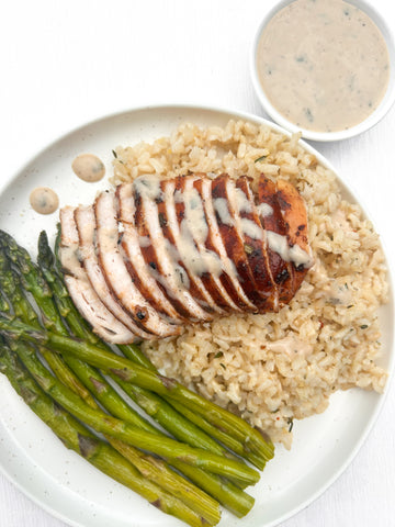 Monday (12/15): Maple-Rosemary Grilled Chicken with Rosemary Ranch Sauce, Lemon Brown Rice with Garlic & Fresh Thyme, and Roasted Asparagus (Gluten-Free, Dairy-Free)