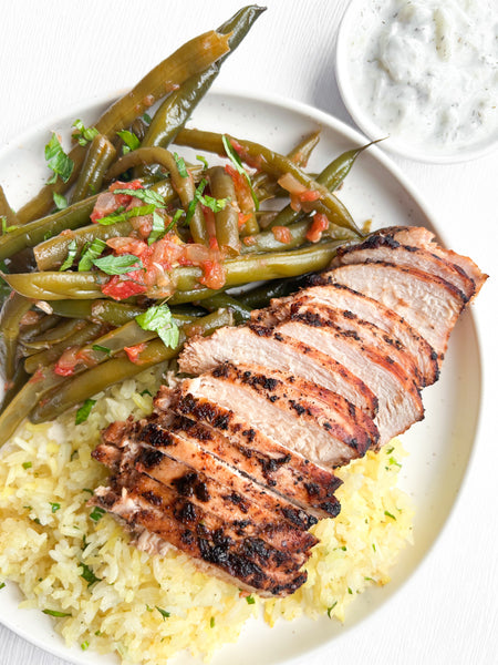Monday (1/12): Greek Grilled Chicken & Tzatziki Sauce, Lemon Jasmine Rice and Fasolakia (Greek Stewed Green Beans) (Gluten-Free)