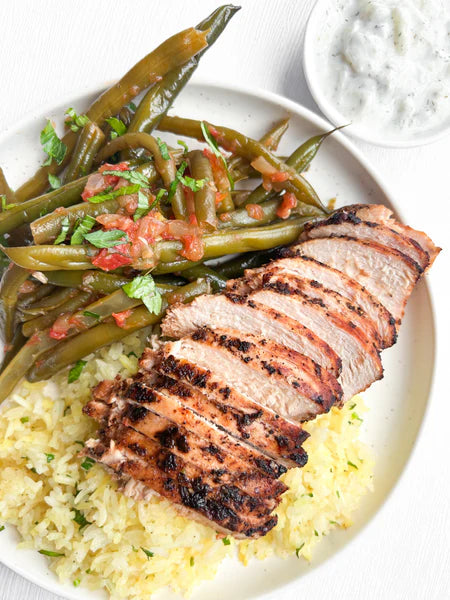 Greek Grilled Chicken & Tzatziki Sauce, Lemon Jasmine Rice and Fasolakia (Greek Stewed Green Beans) (Gluten-Free)