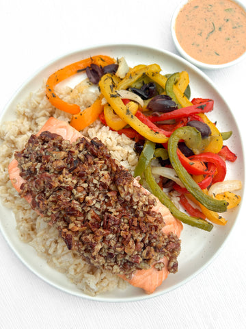 Thursday (10/9): Pecan Crusted Salmon with a New Orleans Remoulade, Brown Rice, and a Three Pepper & Sweet Onion Roast with Kalamata Olives (Gluten-Free, Dairy-Free)