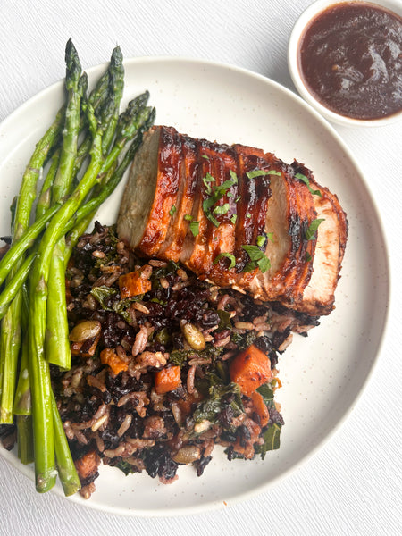 Grilled Apple-Butter Chicken, Fireball-Apple Butter BBQ Sauce, Caramelized Sweet Potato & Kale Fried Wild Rice, and Roasted Asparagus (Gluten-Free, Dairy-Free)