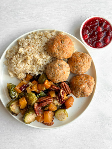 Tuesday (10/27): Pumpkin & Sage Turkey Meatballs, Roasted Brussels Sprouts & Butternut Squash with Pecans & Cranberries, and Brown Rice + Cranberry Sauce for Dipping (Gluten-Free, Dairy-Free)