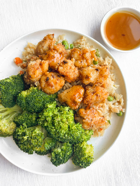 Sticky Orange Chicken with Extra Orange Sauce, Jasmine "Fried" Rice and Steamed Fresh Broccoli (Gluten-Free, Dairy-Free)