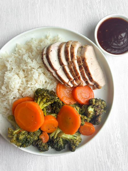 Seared Pork Tenderloin with a Smoky Bourbon BBQ Sauce, Jasmine Rice, and Honey-Glazed Carrots & Broccoli (Gluten-Free, Dairy-Free)