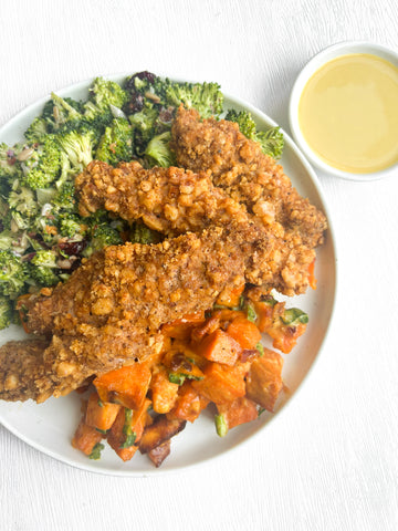 Walnut Crusted Chicken Tenders, Honey Mustard, Sweet Potato Bacon Salad, and our Famous Broccoli Salad (Gluten-Free, Dairy-Free)