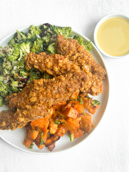 Tuesday (9/8): Walnut Crusted Chicken Tenders, Honey Mustard, Sweet Potato Bacon Salad, and our Famous Broccoli Salad (Gluten-Free, Dairy-Free)