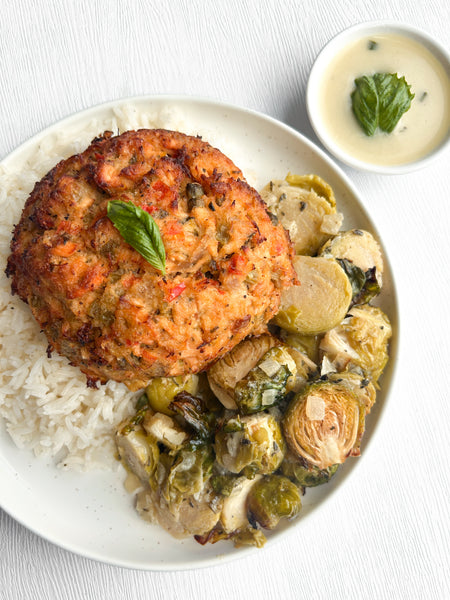 Salmon Cakes with a Lemon-Basil Vinaigrette, Jasmine Rice, and Caramelized Brussels Sprouts Soaked in Sherry-Dijon (Gluten-Free, Dairy-Free)