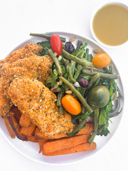 Everything Bagel Chicken Tenders with Maple Mustard Dipping Sauce, Sweet Potato Fries, and a Green Bean Salad with Balsamic-Basil Vinaigrette (Gluten-Free, Dairy-Free)