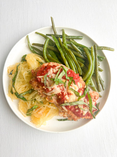 Wednesday (10/14): Chicken Parmesan with Basil-Specked Spaghetti Squash and Steamed Green Beans + Marinara Sauce (Gluten-Free, Dairy-Free)