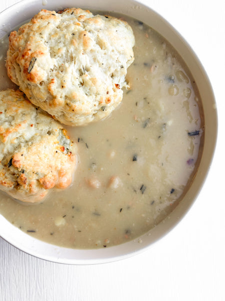 Rosemary-Garlic White Bean Soup with Rosemary & Goat Cheese Biscuits