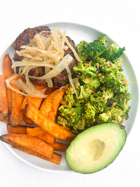 Turkey Burgers with Caramelized Onions & Avocado, Broccoli Salad with Cashew Curry Dressing, and Sweet Potato Fries (Gluten-Free, Dairy-Free)