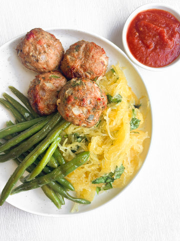 Sun-Dried Tomato Rosemary Meatballs with Marinara Sauce, Basil Specked Spaghetti Squash and Fresh Steamed Green Beans (Gluten-Free, Dairy-Free)