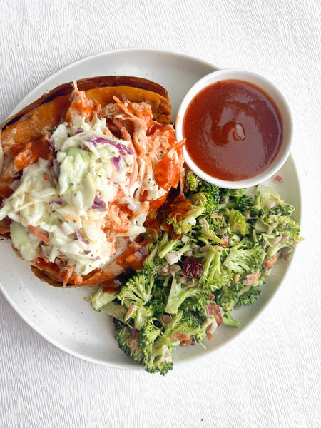 BBQ Chicken Stuffed Sweet Potato with Katie's Famous BBQ Sauce, Southern Coleslaw and Broccoli Salad (Gluten-Free, Dairy-Free)