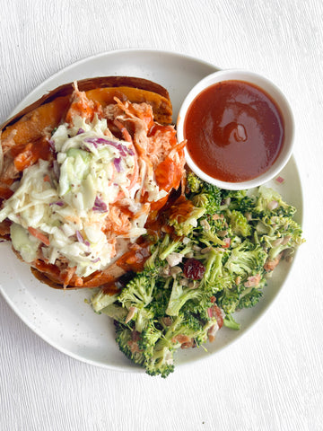 BBQ Chicken Stuffed Sweet Potato with Katie's Famous BBQ Sauce, Southern Coleslaw and Broccoli Salad (Gluten-Free, Dairy-Free)