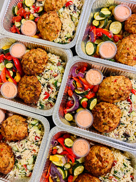 Salmon Cakes with Roasted Red Pepper Aioli, Mediterranean Orzo Salad and Summer Roasted Vegetables