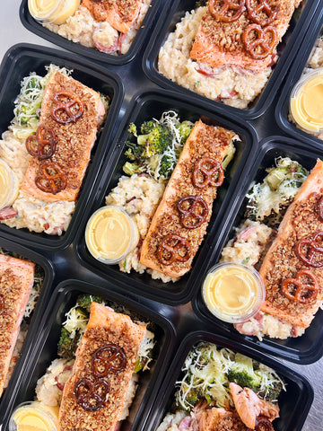 Wednesday (12/20): Honey Mustard-Pretzel Salmon, Beer Risotto with Smoked Sausage & Gouda, and Roasted Parmesan Broccoli + Honey Mustard for Drizzling