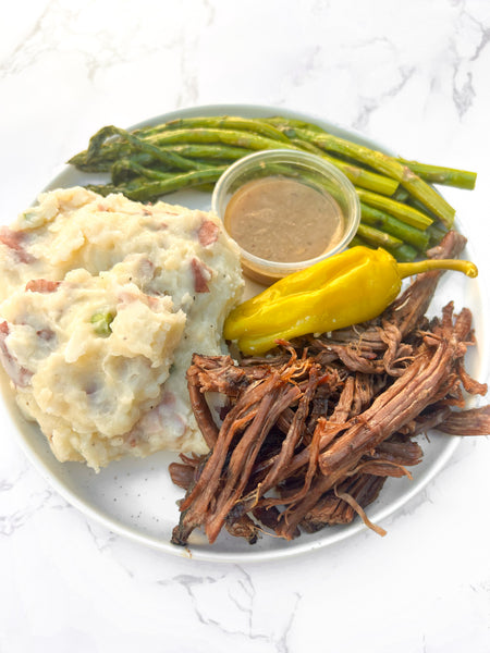 Mississippi Pot Roast & Pepperoncini Au Jus with Creamy Mashed Red Potatoes and Roasted Asparagus with Lemon Vinaigrette (Gluten-Free)