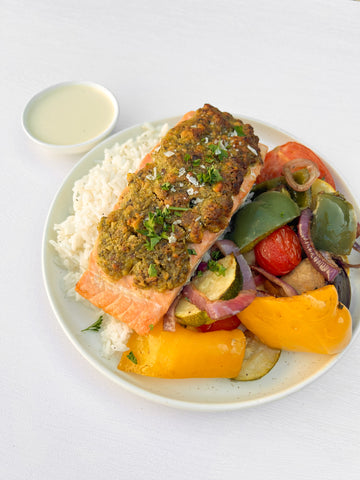 Pistachio-Lime Crusted Salmon with Coconut Jasmine Rice and Grilled Rainbow Veggies + Key Lime Mustard (Gluten-Free, Dairy-Free)