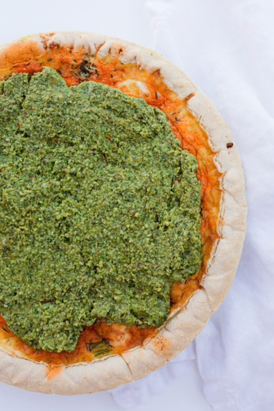 Chorizo & Goat Cheese Quiche with a Roasted Jalapeño Pesto Spread (Gluten-Free)