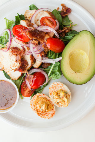 Honey Mustard Chicken, Avocado & Bacon Salad with Bacon-Jalapeno Deviled Eggs (Gluten-Free, Dairy-Free)