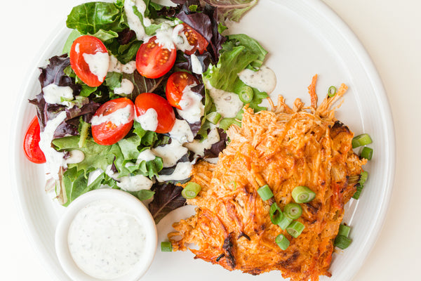 Buffalo Chicken Casserole with Spring Mix & Cherry Tomato Salad + Ranch Dressing (Gluten-Free, Dairy-Free)