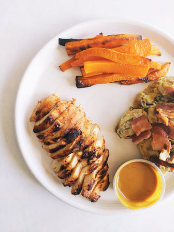 Tuesday (10/7): Seared Chicken with South Carolina Mustard BBQ Sauce, Butternut Squash Fries, and a Bacon & Brussels Sprouts Gratin (Gluten-Free, Dairy-Free)