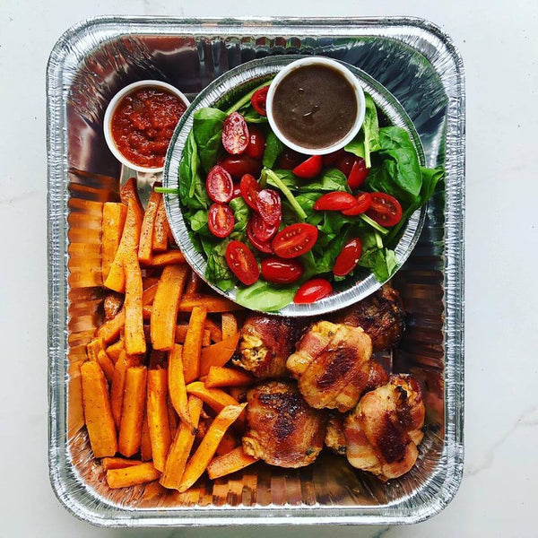 Tuesday (9/26): Bacon & Herb Chicken Rissoles with Rosemary Ketchup, Sweet Potato Fries, and Spinach-Cherry Tomato Salad with Balsamic Vinaigrette (Paleo, Gluten-Free, SugarNix, Dairy-Free)