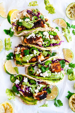 Thursday (5/30): Blackened Fish Tacos with Avocado, Jalapeno-Lime Coleslaw & Cotija Cheese + Corn Tortillas, Baja Sauce, Coconut Jasmine Rice, and Fajita Roasted Bell Peppers (Gluten-Free)